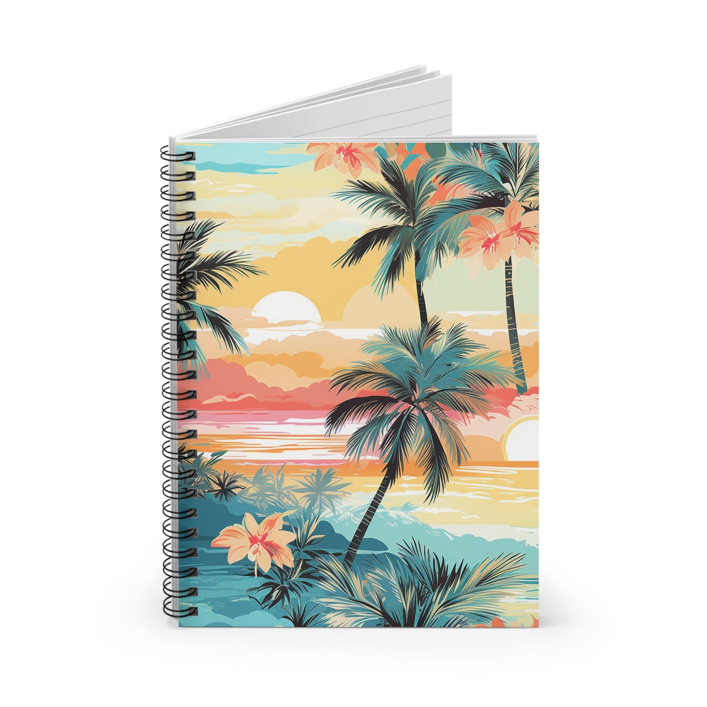 The Tropical Paradise Spiral Notebook features a palm tree and vibrant flower design against a sunset beach backdrop in orange, pink, blue, and green hues. Perfect for travel lovers and dreamers.