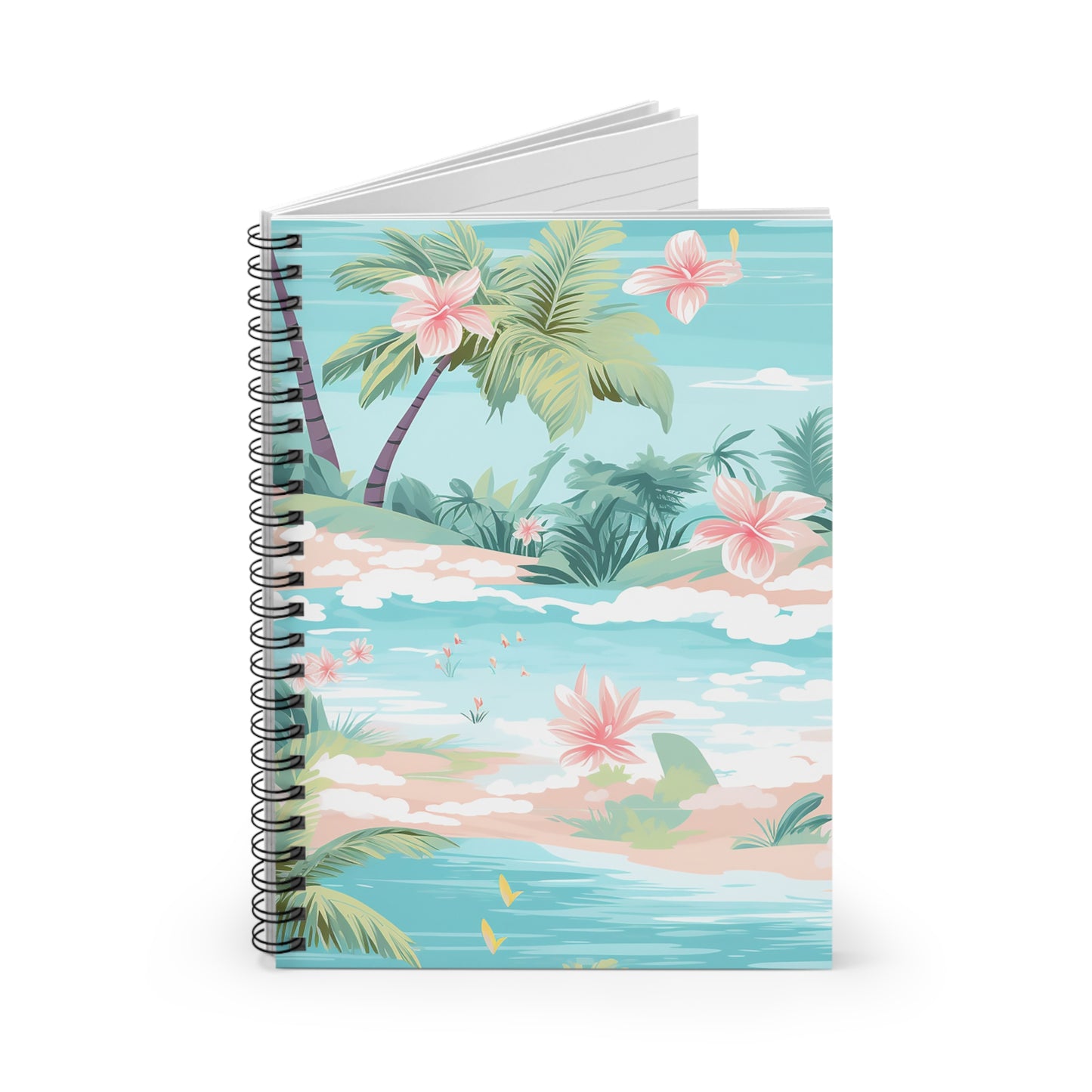 The Tropical Paradise Spiral Notebook - Ruled Line for Creative Minds features a tropical design with palm trees and pink hibiscus flowers against a serene sea and clear blue sky, ideal for capturing your island dreams.