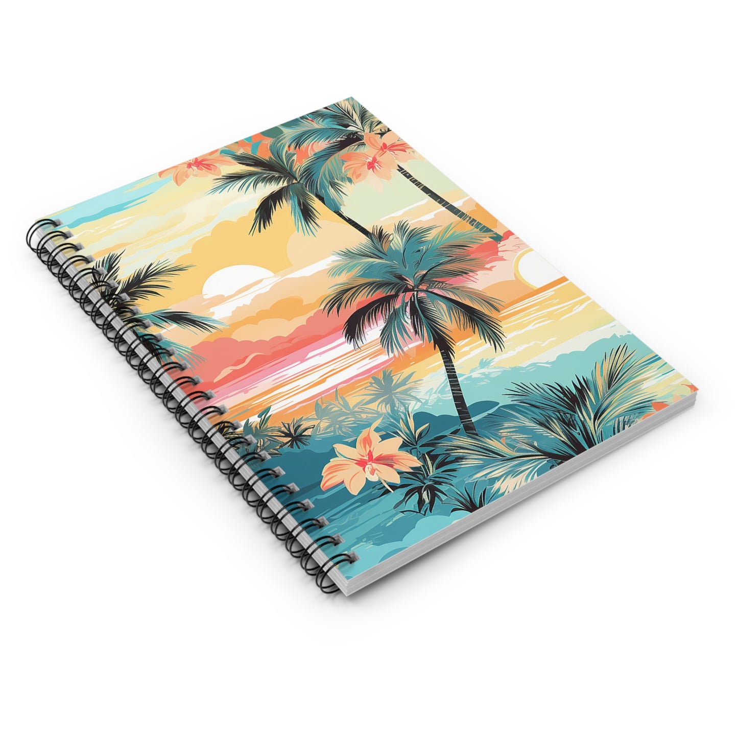 The Tropical Paradise Spiral Notebook features a beach cover with illustrated palm trees, hibiscus flowers, and a vibrant sunset in yellow, orange, pink, and blue hues—a perfect travel journal for capturing sunlit memories.