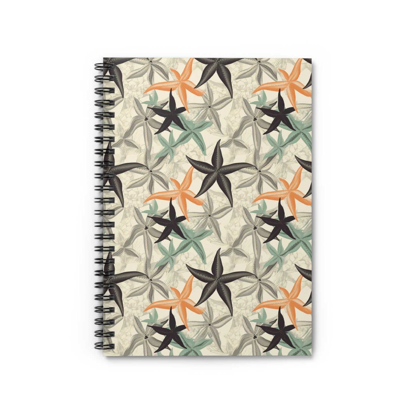 The Tropical Starfish Spiral Notebook features a compact design with a nature-inspired cover showcasing starfish in orange, black, and greenish hues against a light background.