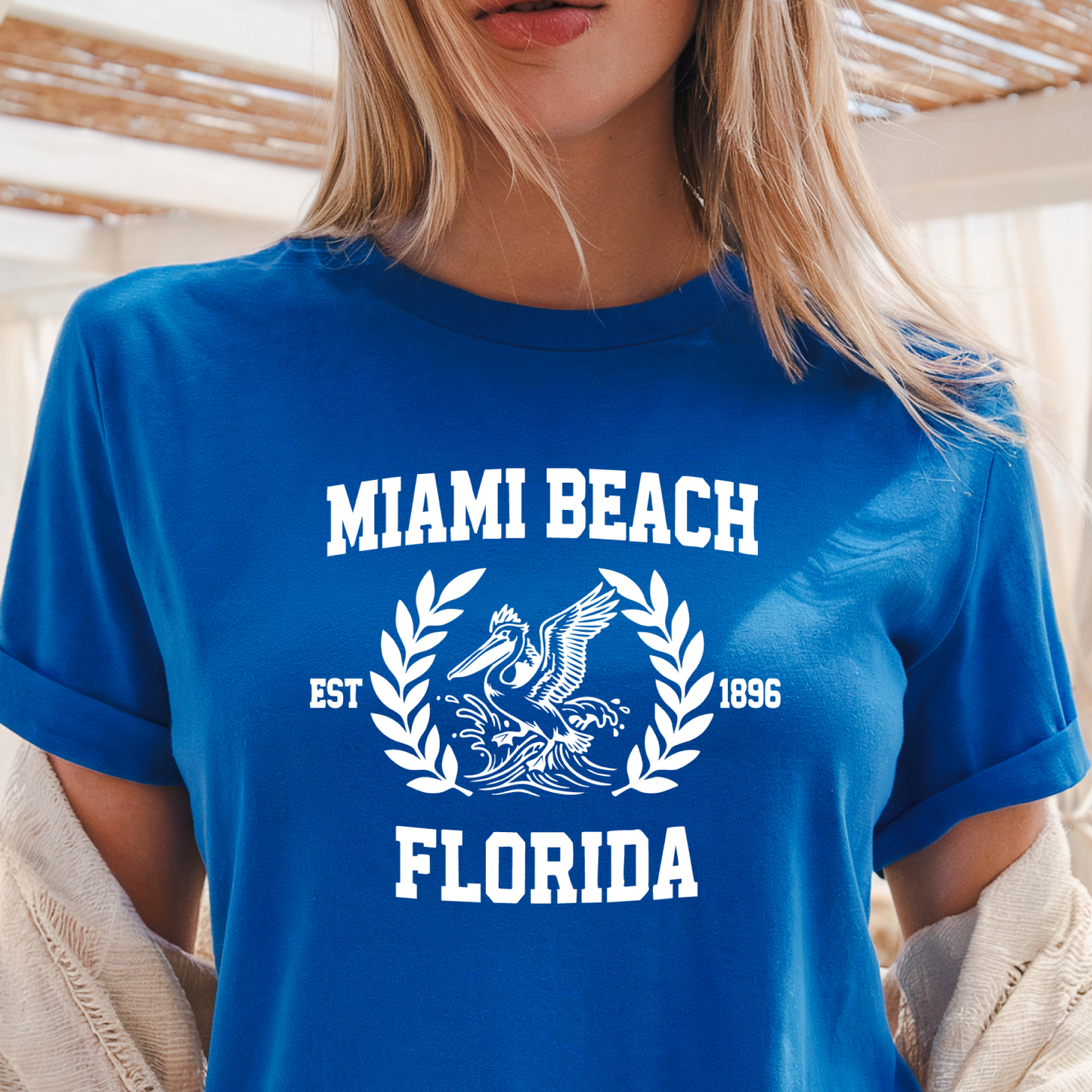 Royal Blue t-shirt with 'Miami Beach Florida' text and design worn by a person.