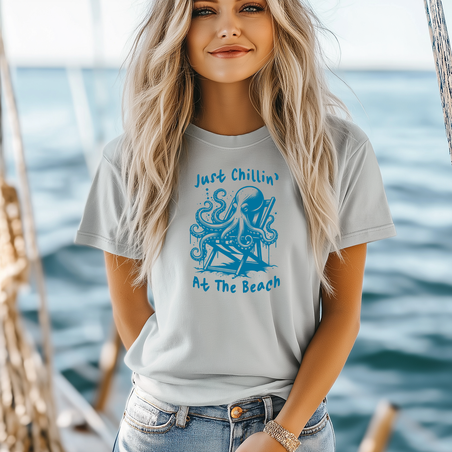 Gildan 5000 "Just Chillin' At The Beach" t shirt with an octopus setting in a beach chair in one color graphics. Picture of a girl standing on a boat wearing a t shirt.
