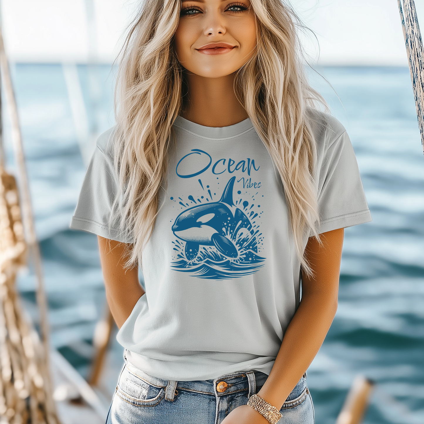 Gildan 5000 "Ocean Vibes" t shirt with a orca whale jumping out of water graphics in a one color graphic. Picture of a girl standing on a boat wearing a t shirt.