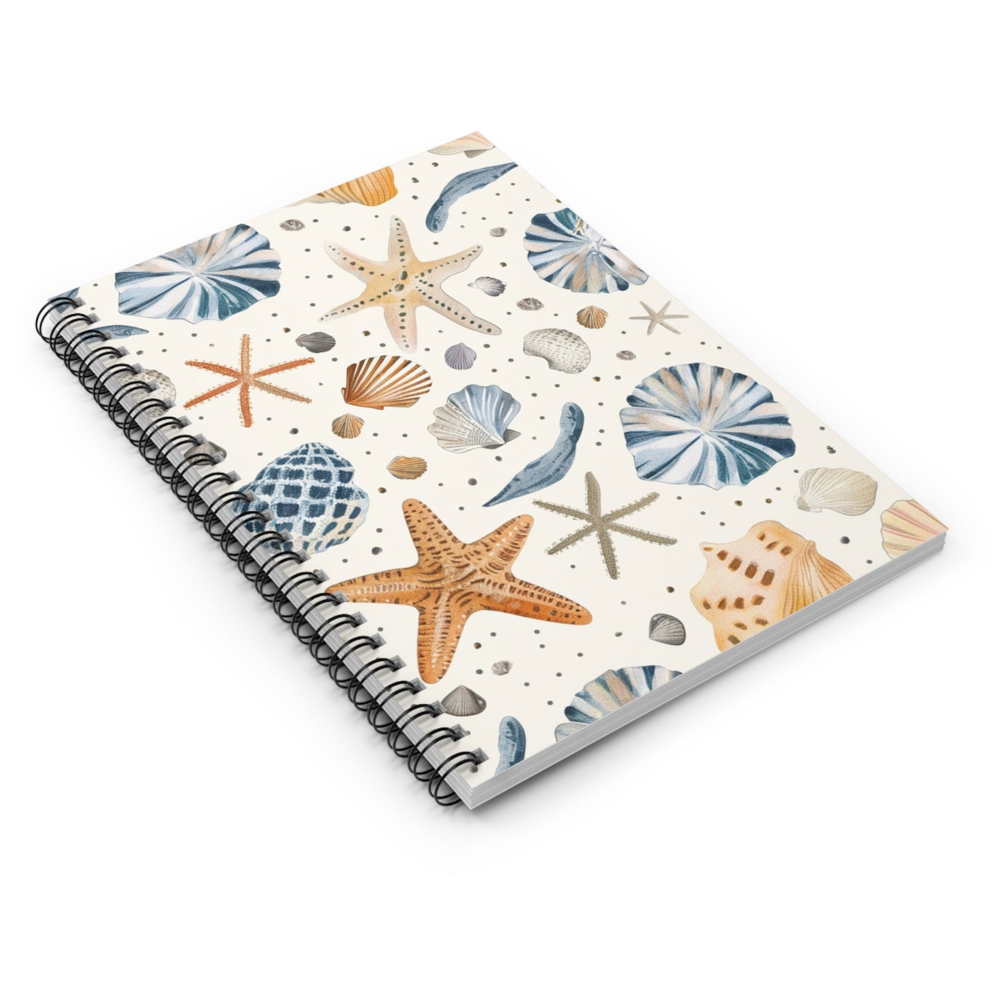 The Coastal Beach Spiral Notebook features a spiral-bound design ideal for journaling, with a cover showcasing starfish and seashells in calming blue, brown, and orange on a white background.
