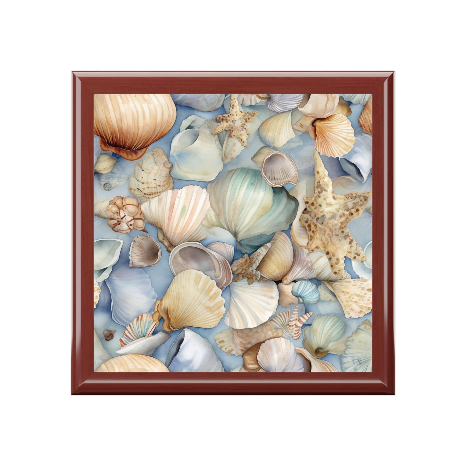The Coastal Shells Jewelry Box - Nautical Beach Decor features intricately detailed seashells and starfish against a soft blue background, beautifully framed in high-quality rubberwood, creating a visually captivating piece much like a treasured jewelry box of the sea.