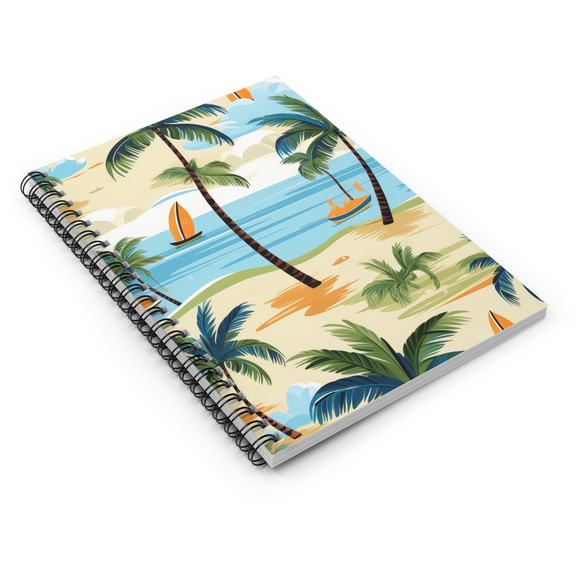 Tropical Paradise Spiral Notebook - Ruled Line: Ideal for beach lovers and travel journals, featuring a spiral-bound design with palm trees, sailboats, and a sandy shore under a blue sky.