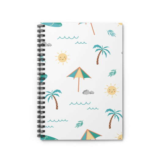 Tropical Vibes Spiral Notebook features a summer-themed cover with bright palm trees, sunny smiles, umbrellas, waves, clouds, and leaves for a delightful note-taking experience.
