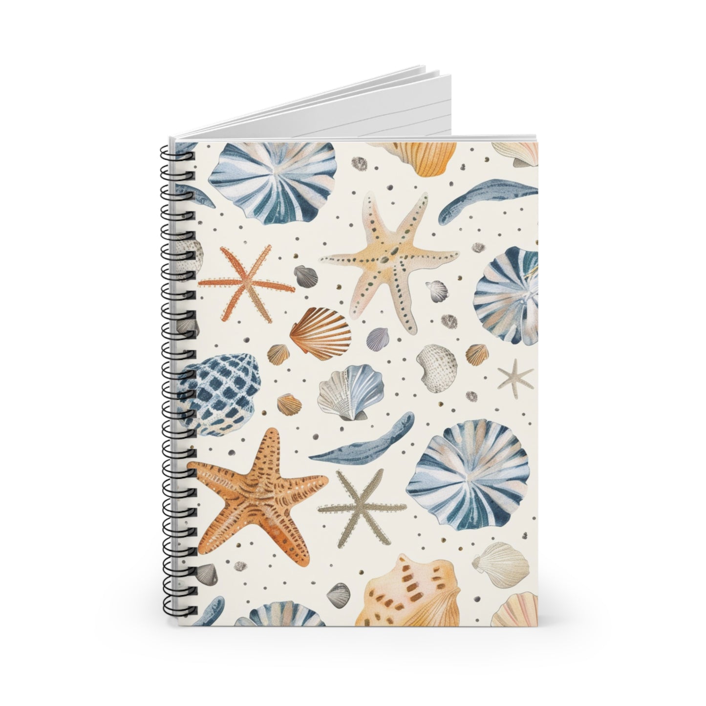 The Coastal Beach Spiral Notebook features a spiral-bound cover with colorful starfish and seashells on a light background. Available in shades of blue, brown, and white, this stylish stationery item has ruled lines perfect for capturing your thoughts.