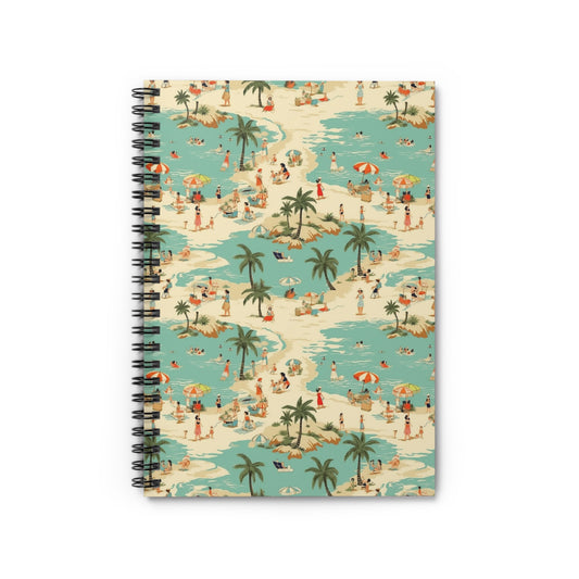 The Beach Vibes Spiral Notebook - Ruled Line for Summer Lovers features a vibrant tropical beach pattern with people sunbathing, palm trees, and umbrellas on turquoise water islands, perfect for creative journaling.