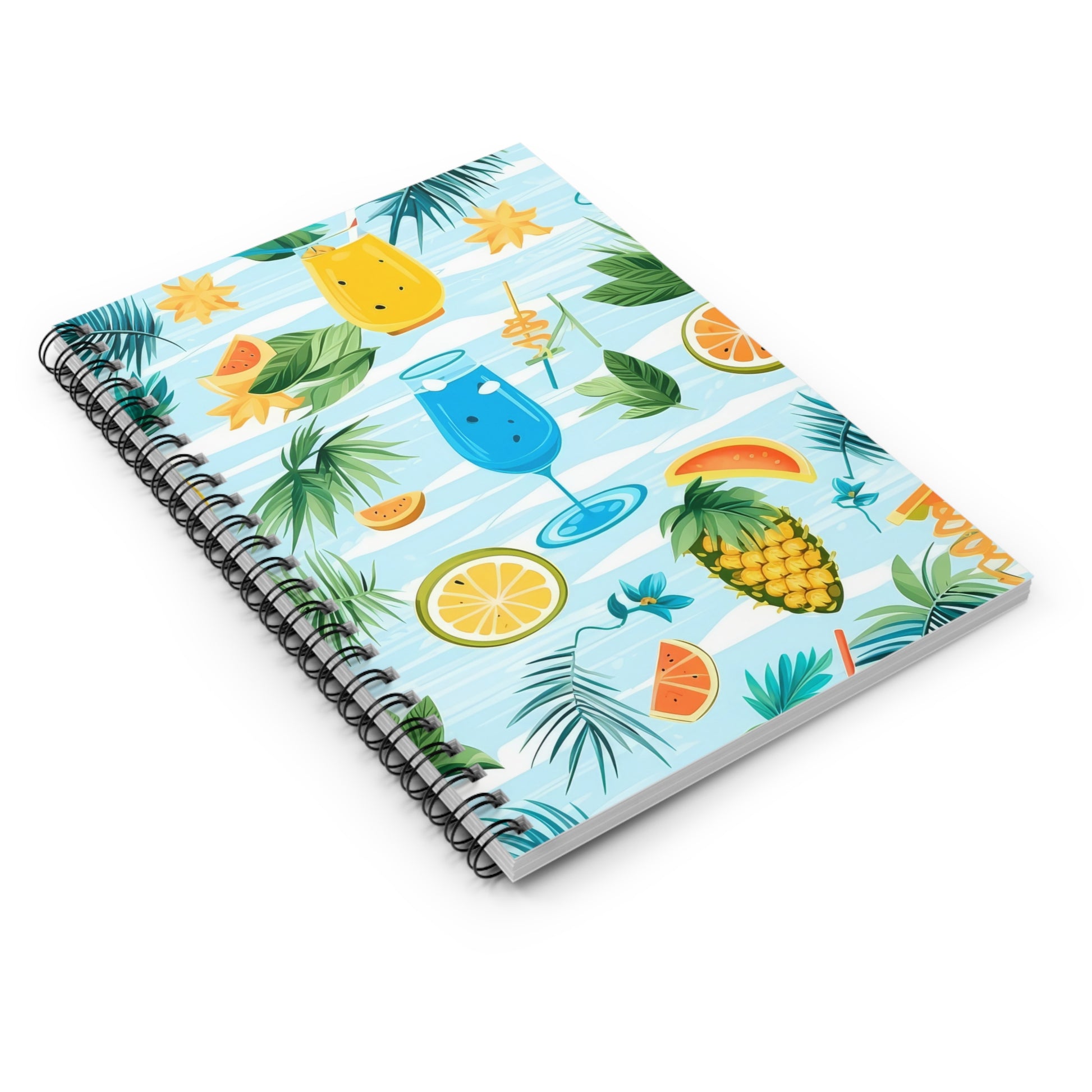 The Tropical Vibes Spiral Notebook features a vibrant tropical design with pineapples, citrus slices, leaves, and cocktails on a light blue striped background. It includes 118 ruled pages ideal for organizing thoughts or jotting ideas. Perfect for summer adventures and creative outlets!.