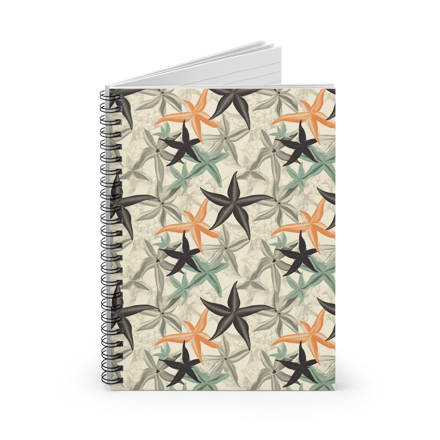 The Tropical Starfish Spiral Notebook is a compact spiral-bound notebook with a modern, artistic design featuring star-shaped decorations in orange, black, and green on a light beige background.