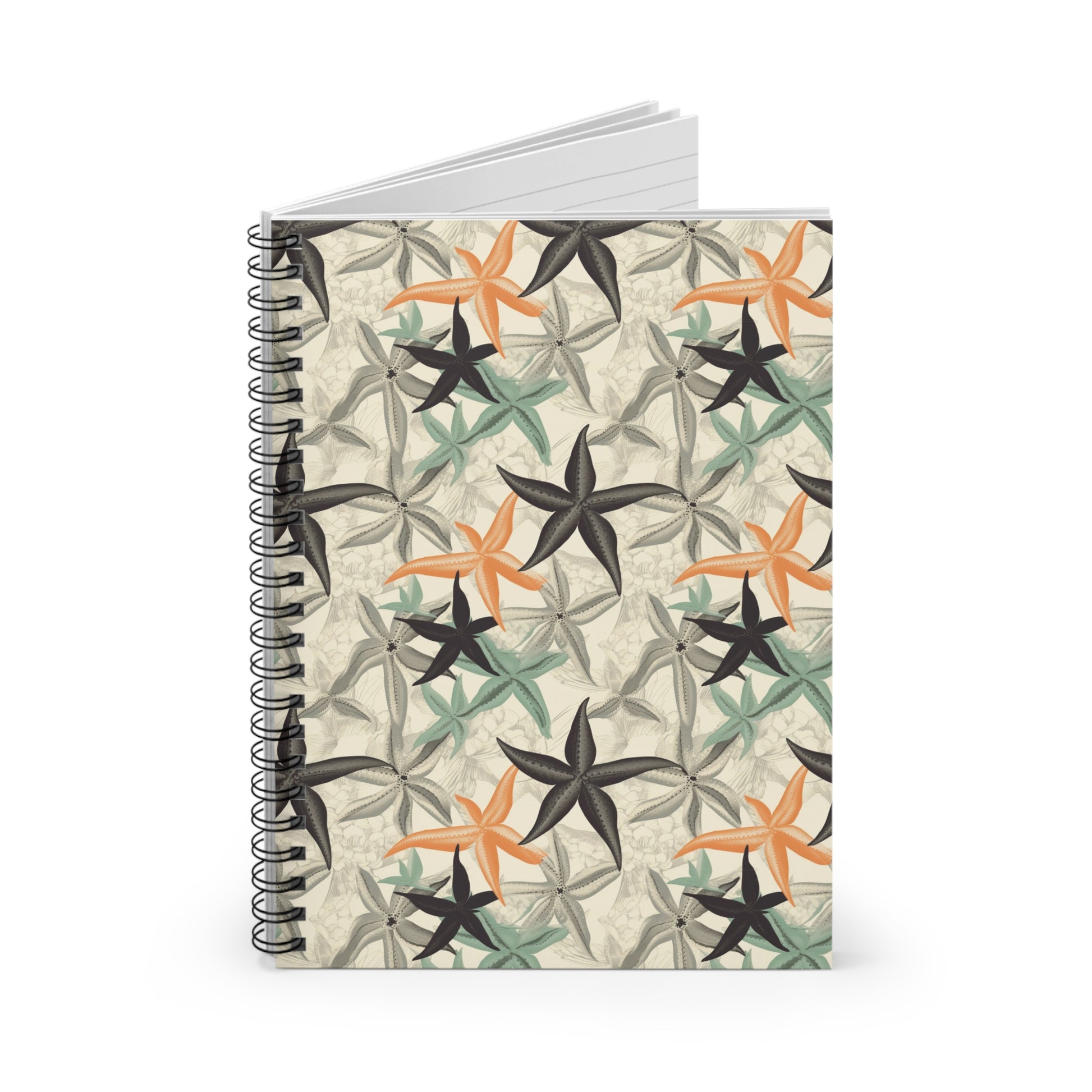 The Tropical Starfish Spiral Notebook is a compact spiral-bound notebook with a modern, artistic design featuring star-shaped decorations in orange, black, and green on a light beige background.