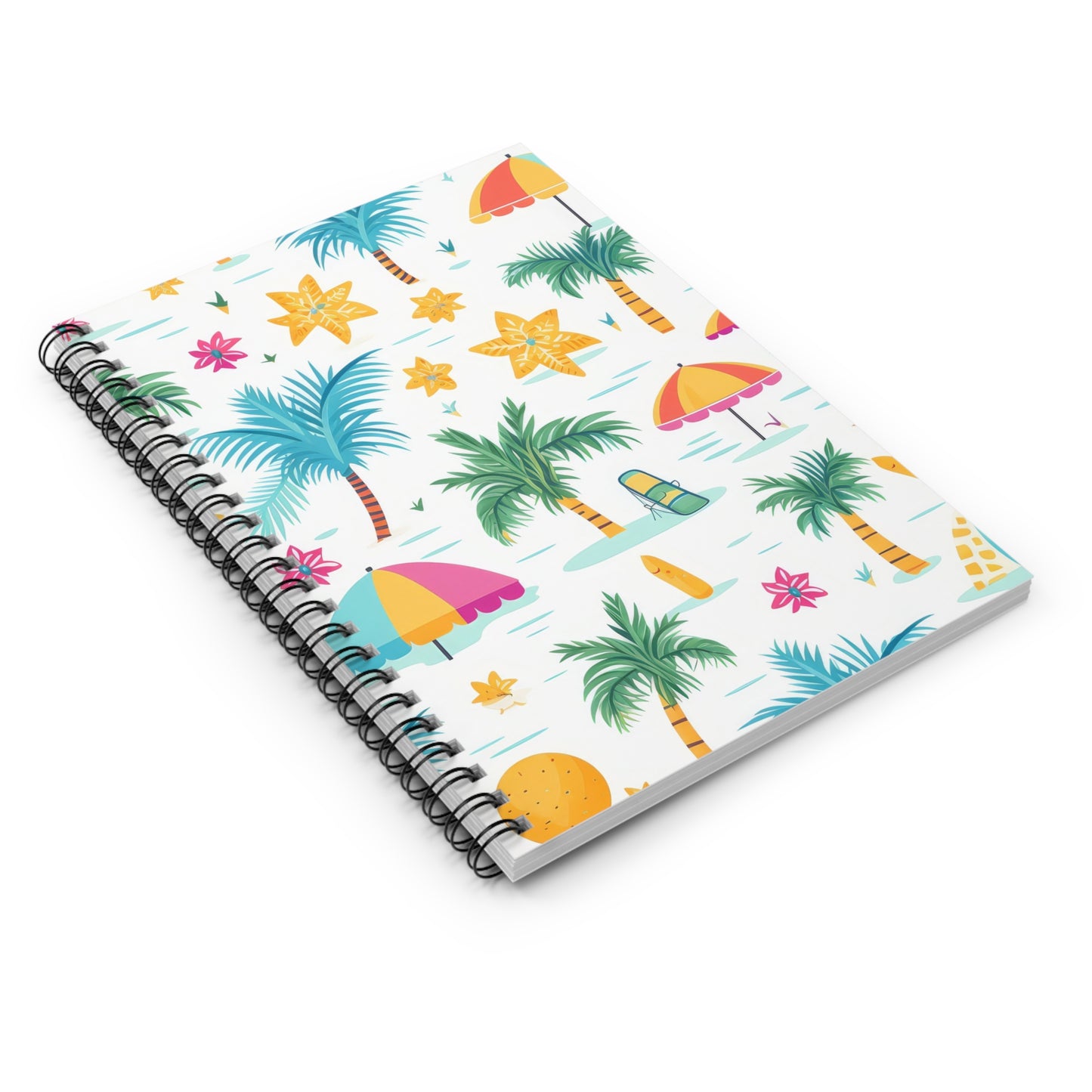 The Tropical Vibes Spiral Notebook, perfect for summer adventures, bursts with vibrant beach-themed graphics like palm trees, surfboards, and starfish. Its summery design brings a touch of paradise to motivational journaling on every page.