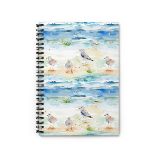The Coastal Serenity Spiral Notebook - Ruled Line features a watercolor ocean scene with seagulls, blue skies, and waves on the cover. This stylish stationery piece captures the coastal design beautifully with its serene, repeating horizontal scene.