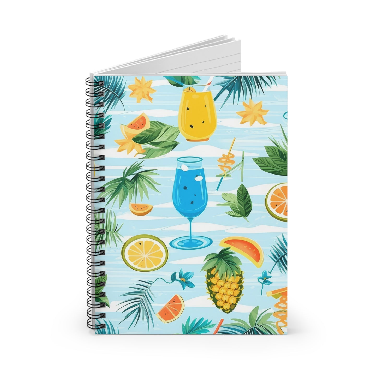 The Tropical Vibes Spiral Notebook is perfect for summer adventures with its tropical design on a light blue striped background and 118 ruled pages featuring vibrant illustrations of pineapples, citrus slices, tropical leaves, star-shaped flowers, and colorful drinks.