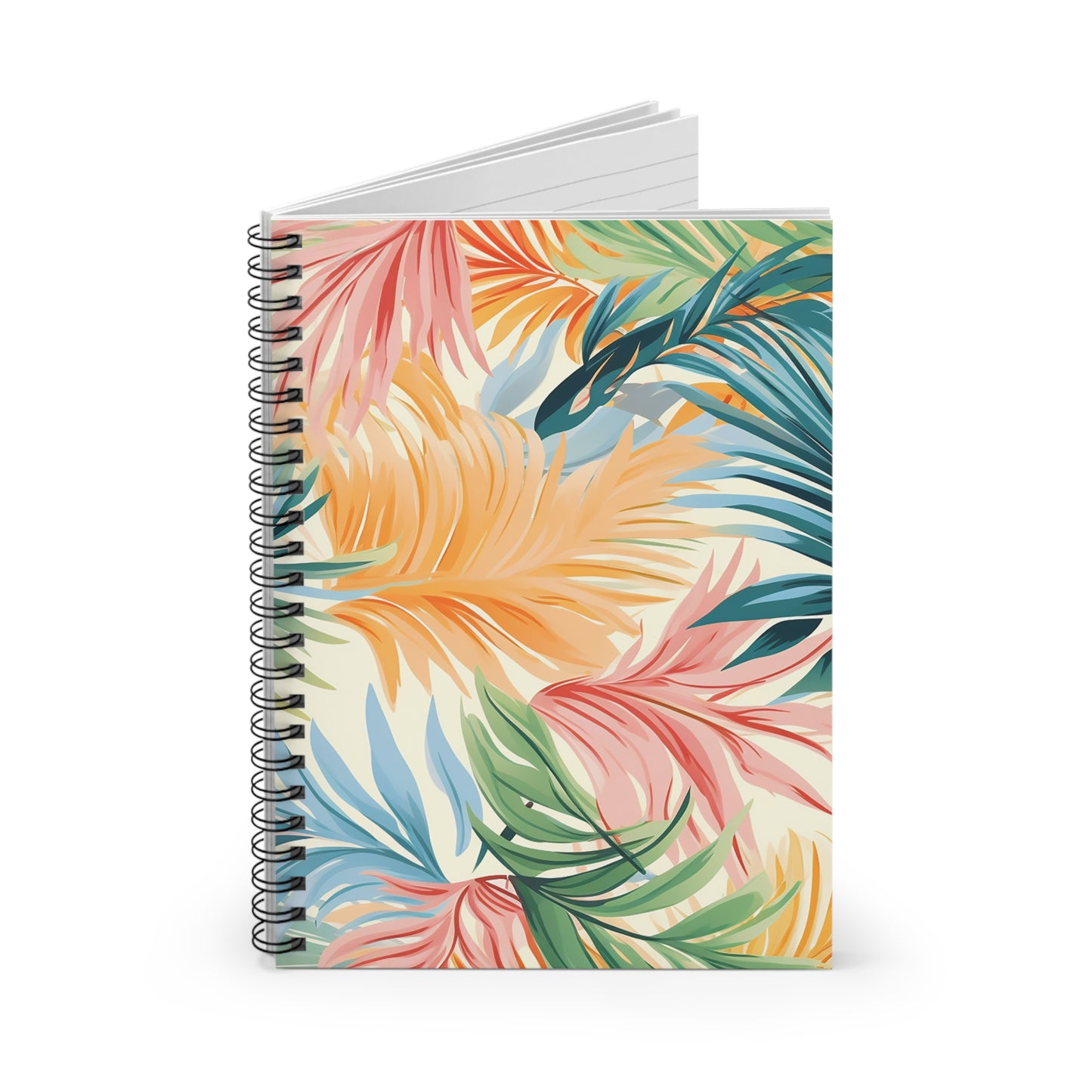 The Tropical Spiral Notebook - Ruled Lines for Creative Minds features a vibrant tropical leaf design in orange, pink, green, and blue. Perfect for journaling, its top-opening spiral binding adds convenience.