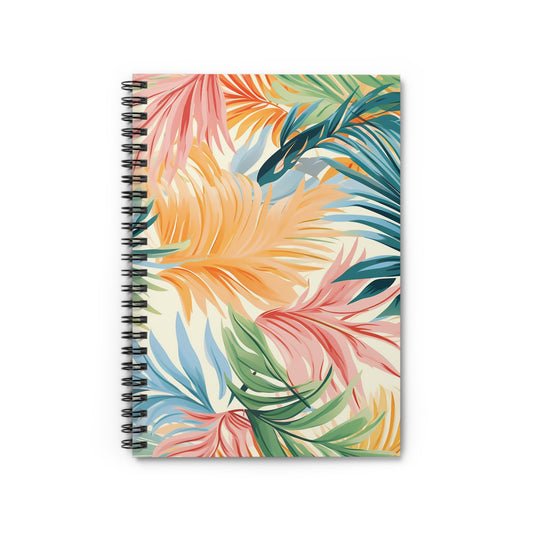 The Tropical Spiral Notebook - Ruled Lines for Creative Minds features a vivid tropical leaf design in orange, pink, yellow, green, and blue on a light background. Ideal for journaling or note-taking, its overlapping leaves add a touch of paradise to your daily routine.