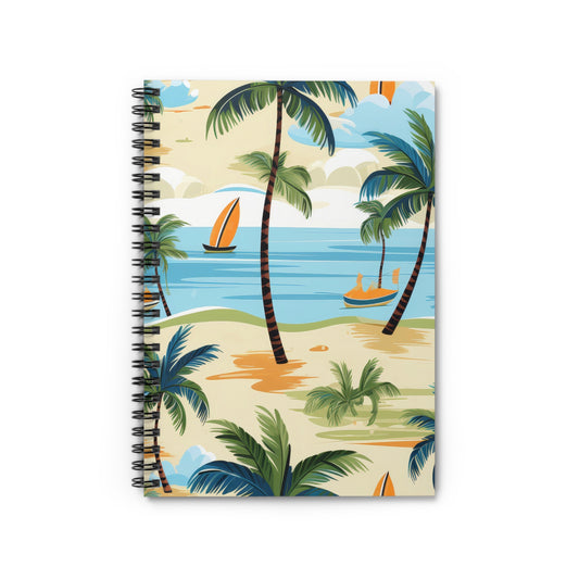 Ideal for journaling enthusiasts, the Tropical Paradise Spiral Notebook - Ruled Line showcases a beach-themed design with palm trees, sailboats, clouds, and a sandy shore. Perfect for beach lovers and travel journals.