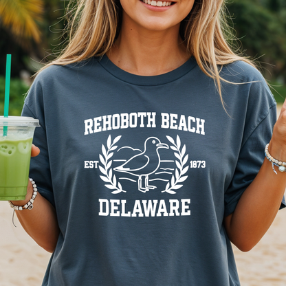 Person wearing a navy blue t-shirt with 'Rehoboth Beach, Delaware' design on a beach.