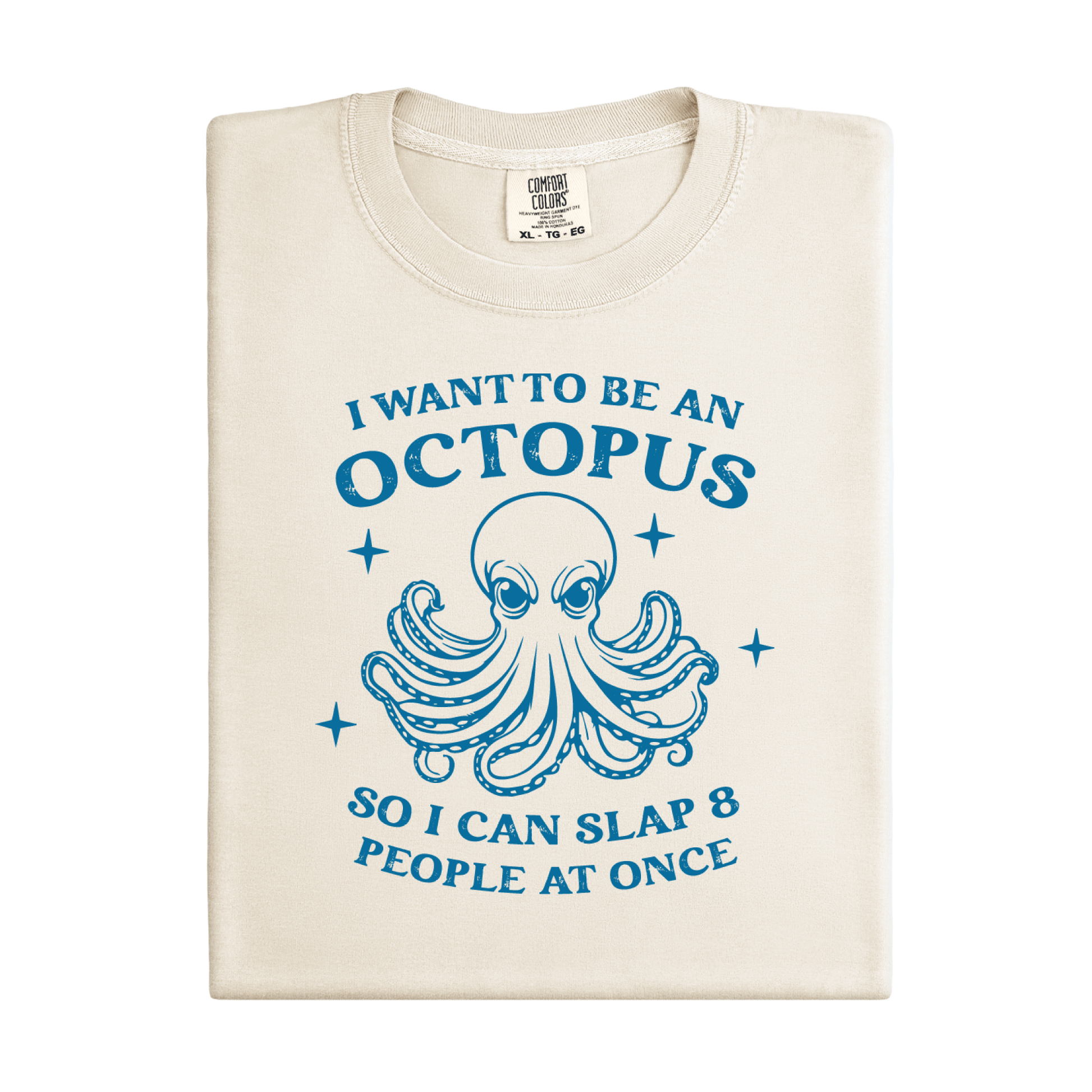 Folded t-shirt with blue octopus graphic and text on a white background