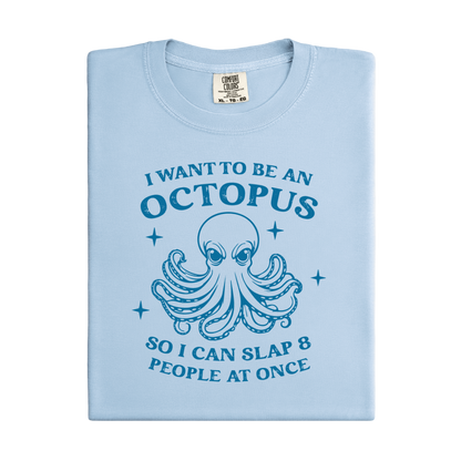 Light blue t-shirt with an octopus graphic and text on a white background