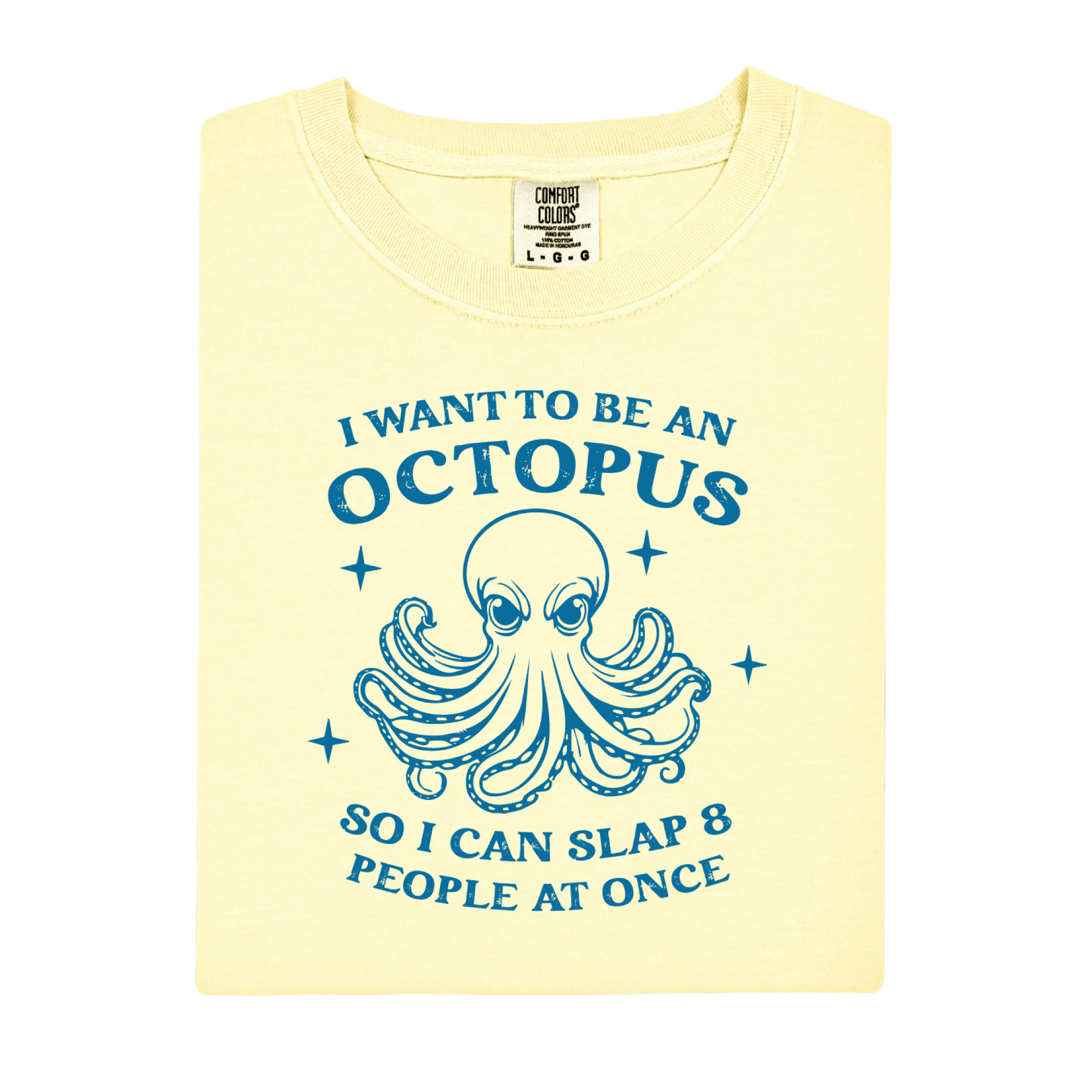 Yellow t-shirt with blue octopus graphic and text on a white background