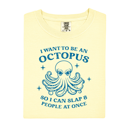 Yellow t-shirt with blue octopus graphic and text on a white background
