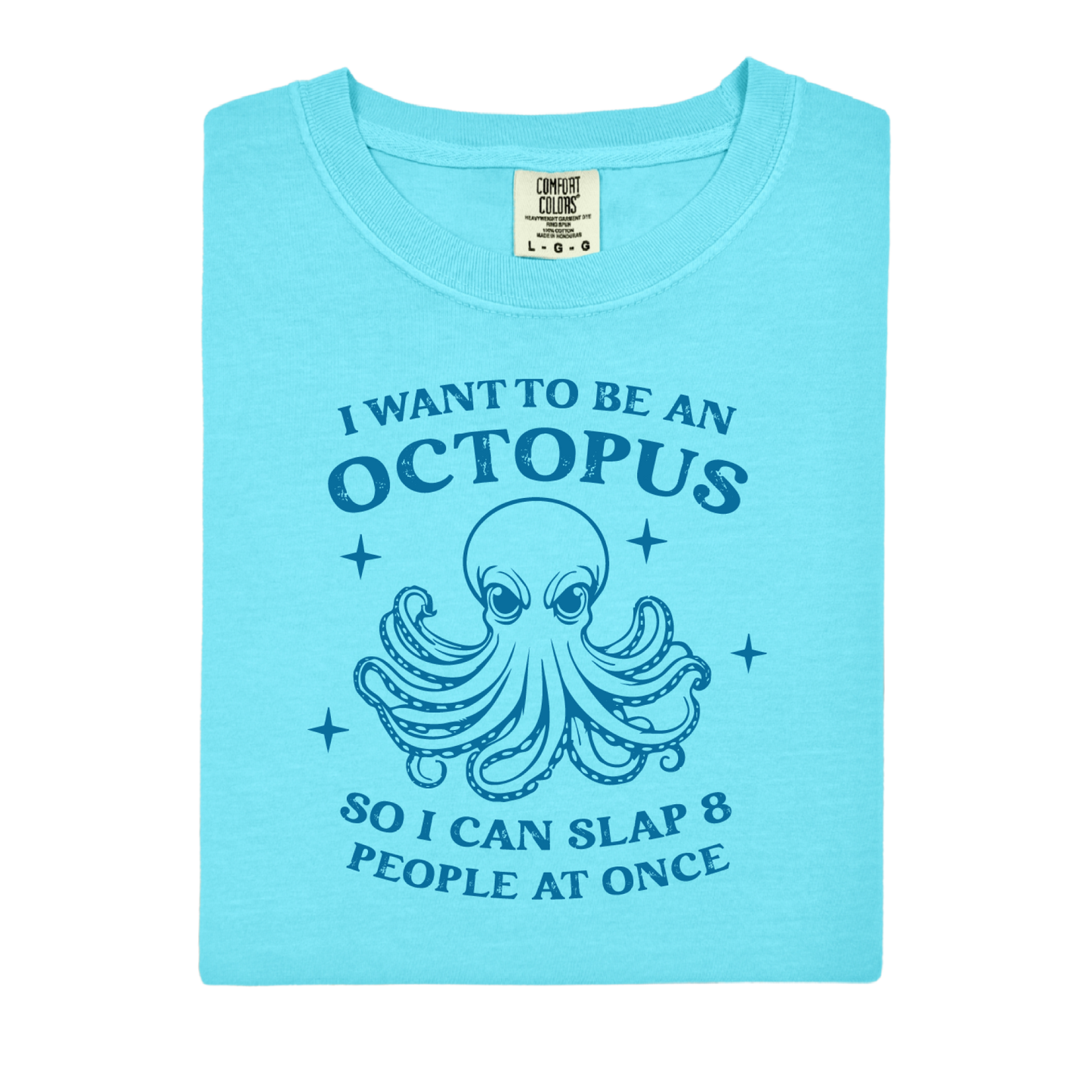 Blue Lagoon t-shirt with an octopus graphic and text on a white background