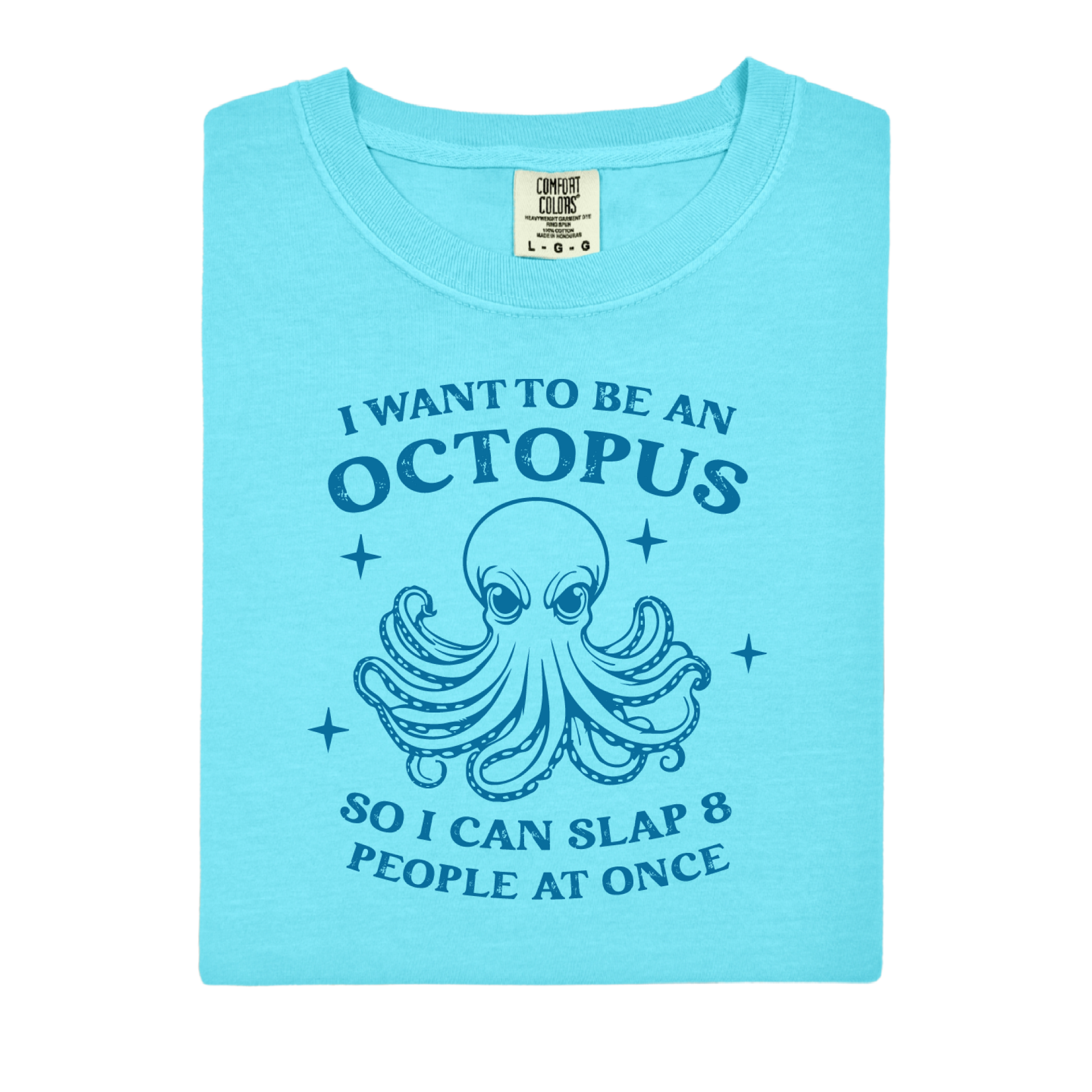Blue Lagoon t-shirt with an octopus graphic and text on a white background