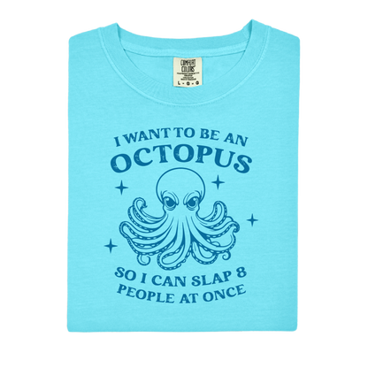 Blue Lagoon t-shirt with an octopus graphic and text on a white background