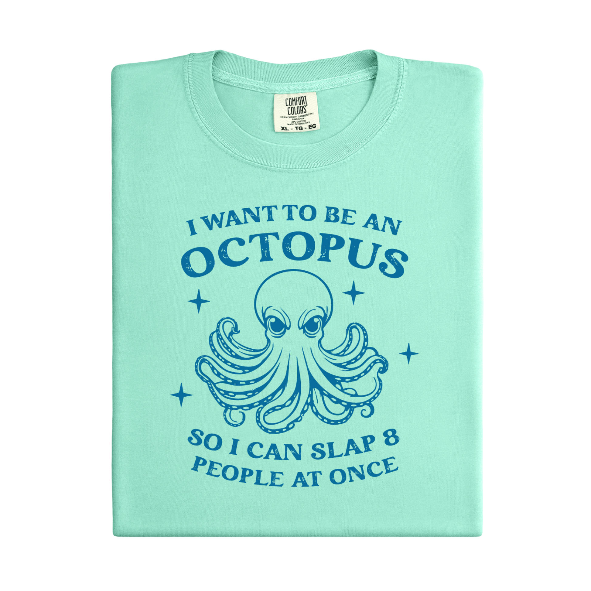 Island Reef Green t-shirt with an octopus graphic and text on a white background