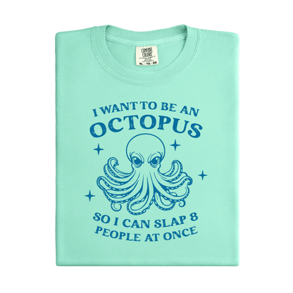 Island Reef Green t-shirt with an octopus graphic and text on a white background