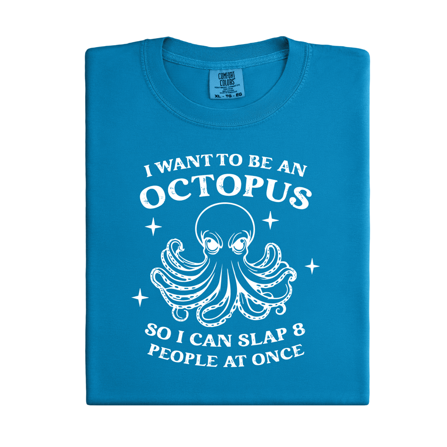 Royal Caribe Blue t-shirt with white octopus graphic and text on a white background