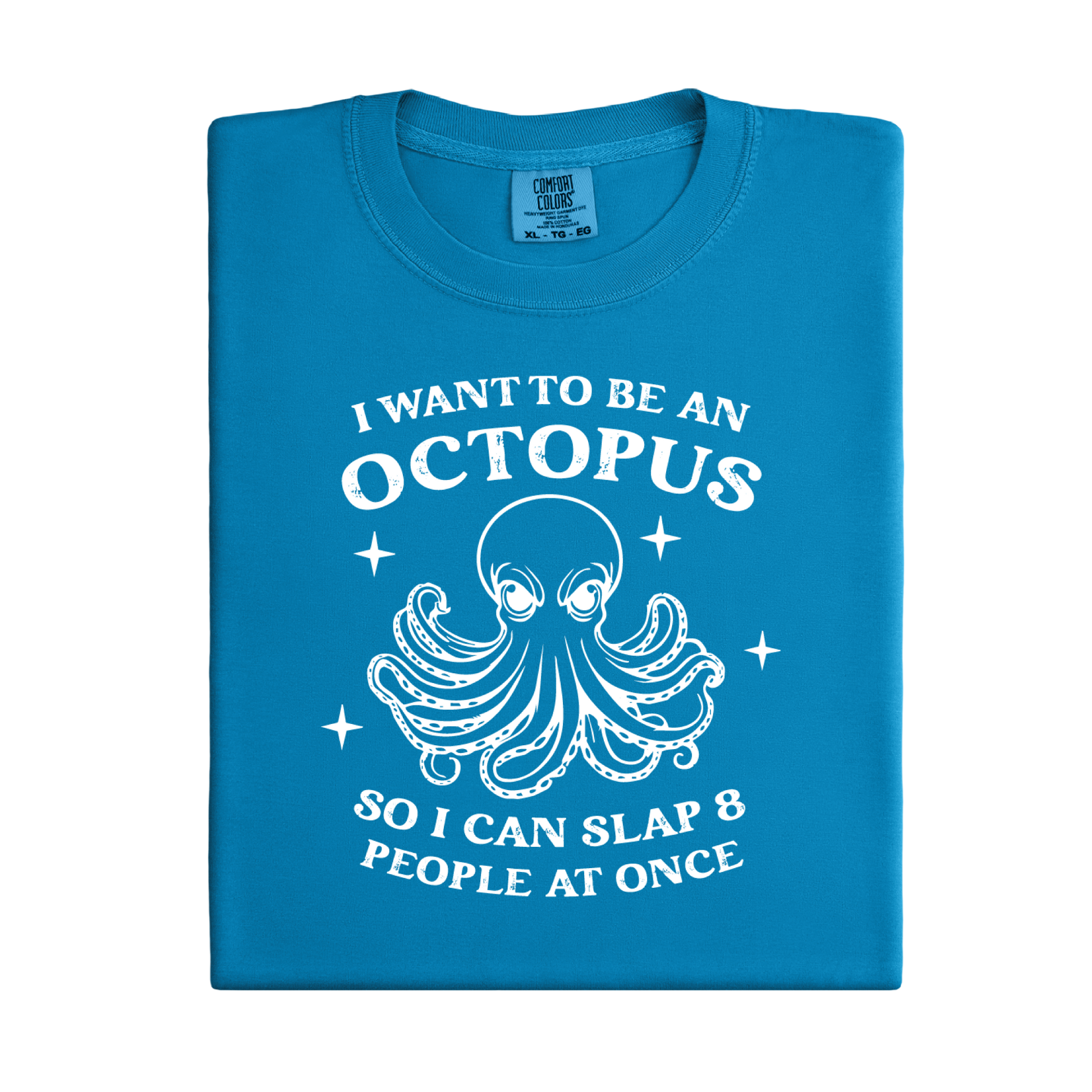 Royal Caribe Blue t-shirt with white octopus graphic and text on a white background