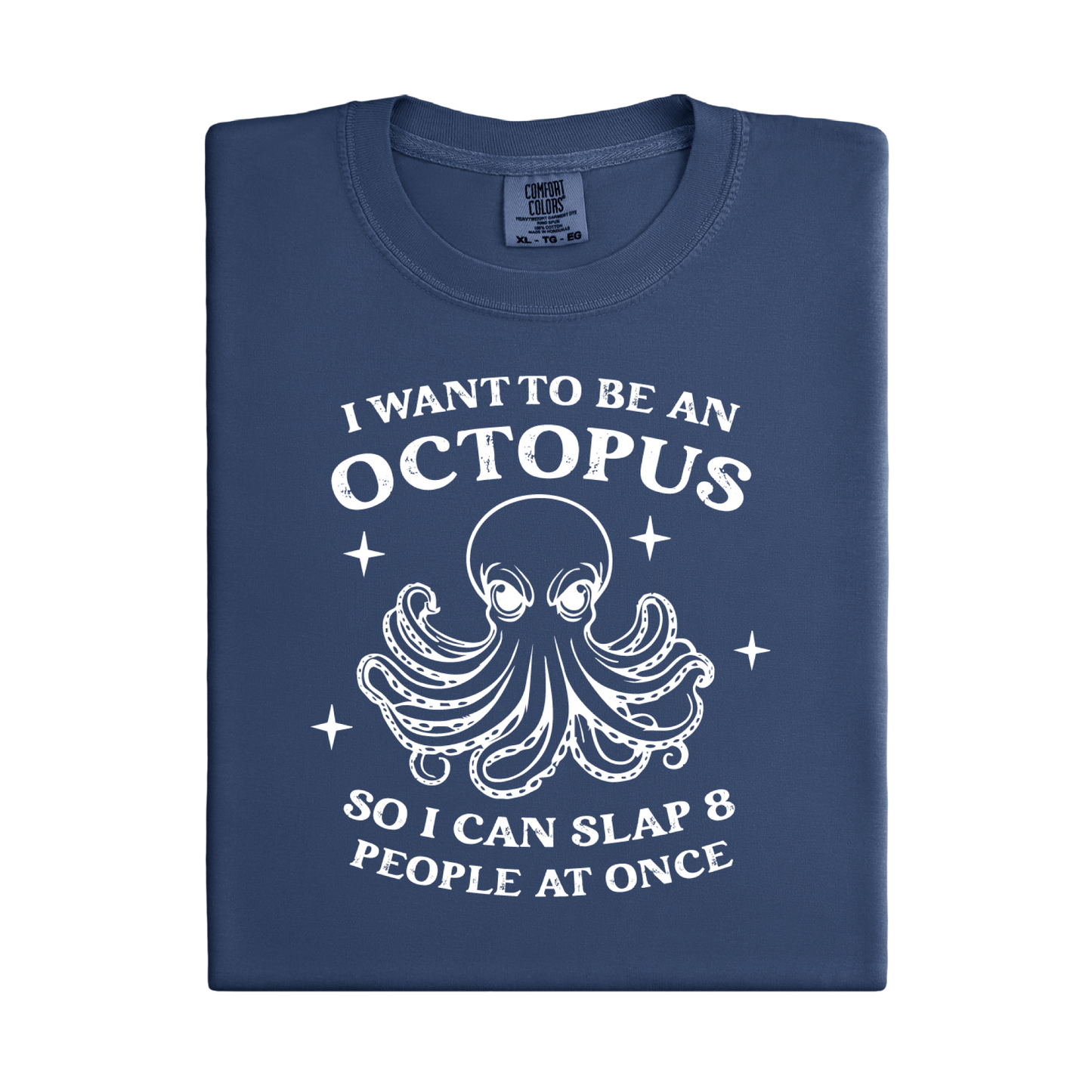 Folded navy blue denim t-shirt with white octopus graphic and text on a white background