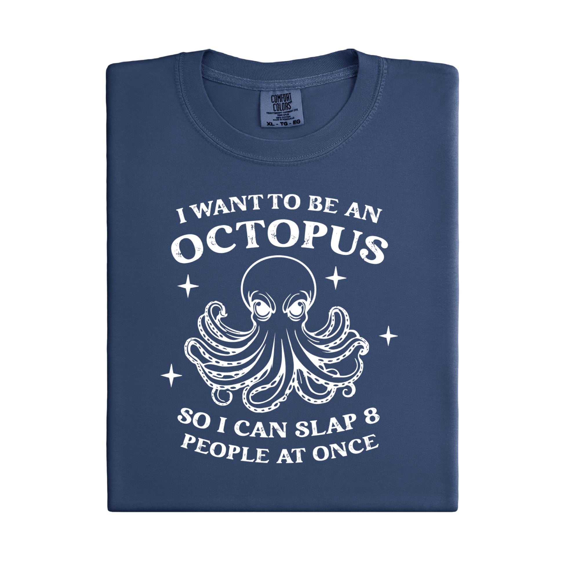 Folded navy blue denim t-shirt with white octopus graphic and text on a white background
