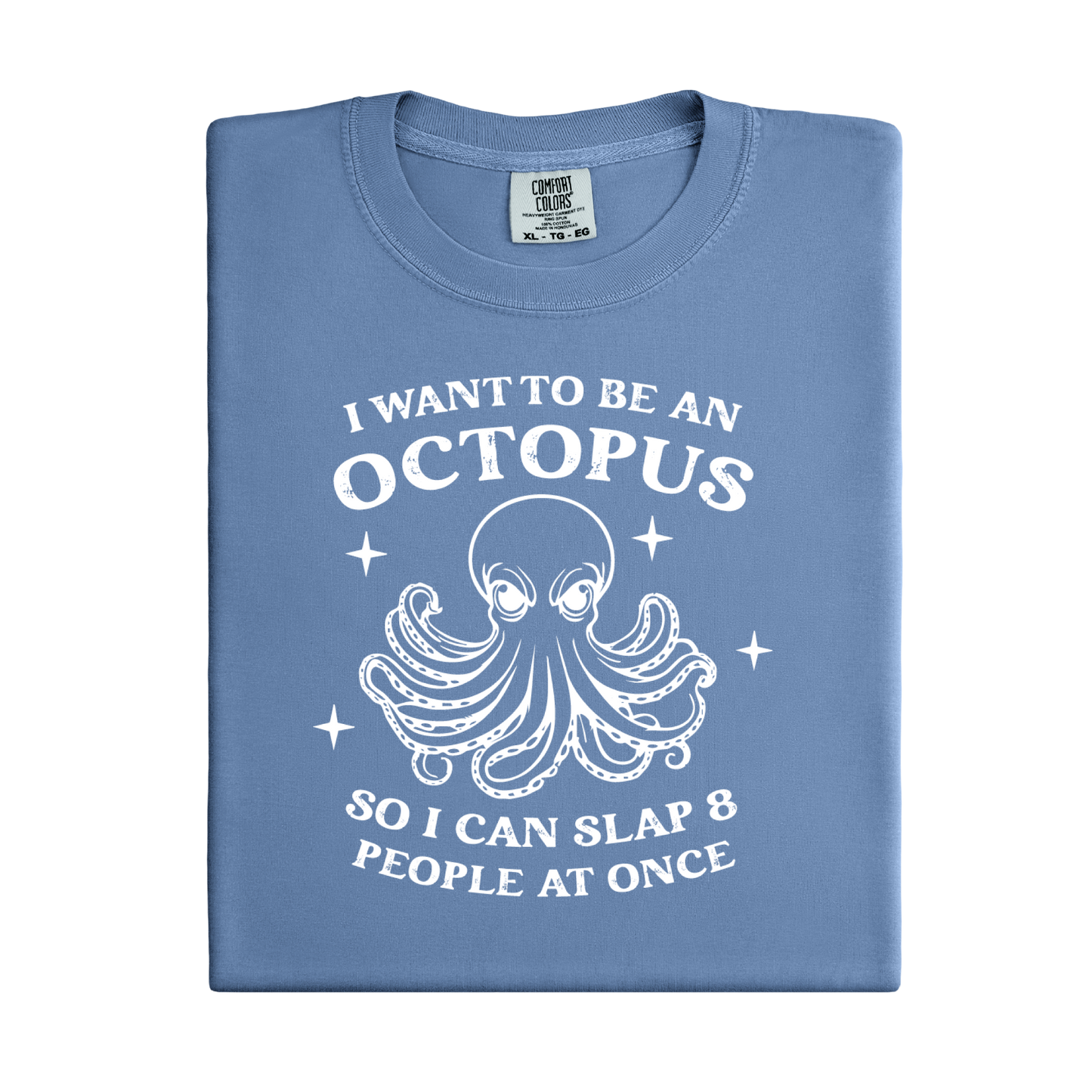 Folded blue jean t-shirt with white octopus graphic and text on a white background