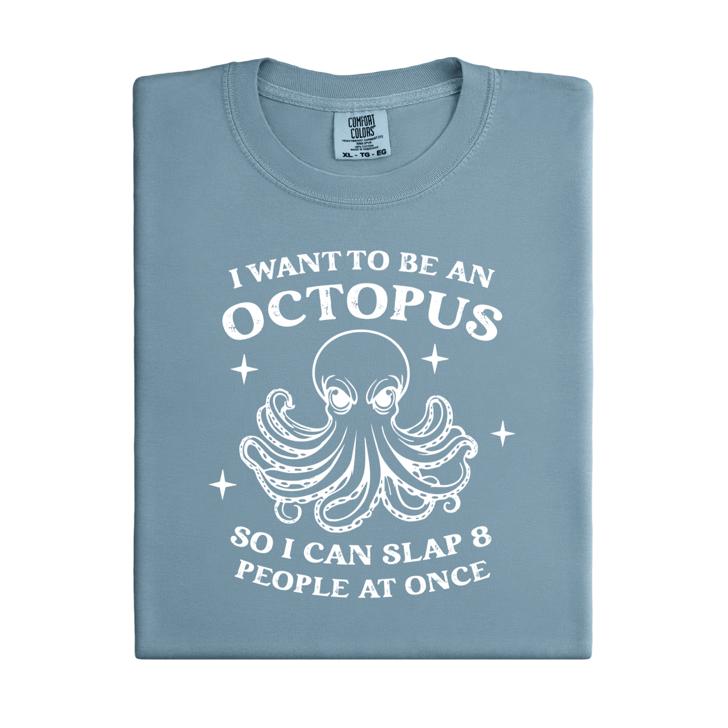 Folded  blue ice  t-shirt with white octopus graphic and text on a white background