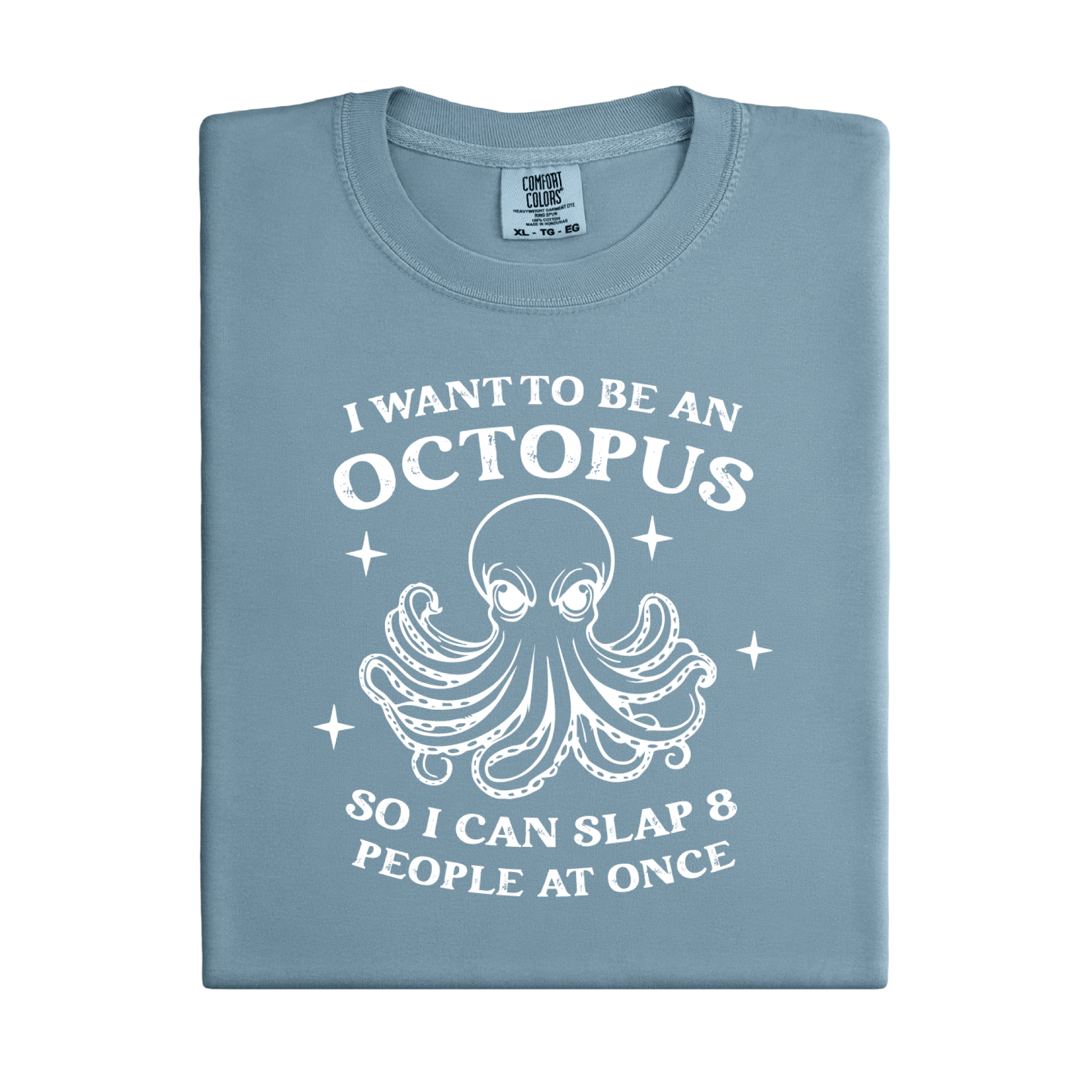 Folded  blue ice  t-shirt with white octopus graphic and text on a white background