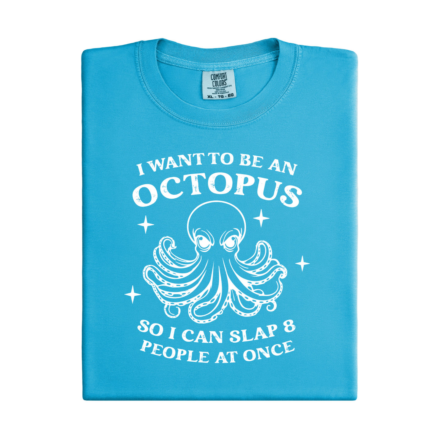 Blue Sapphire t-shirt with white octopus graphic and text on a white background