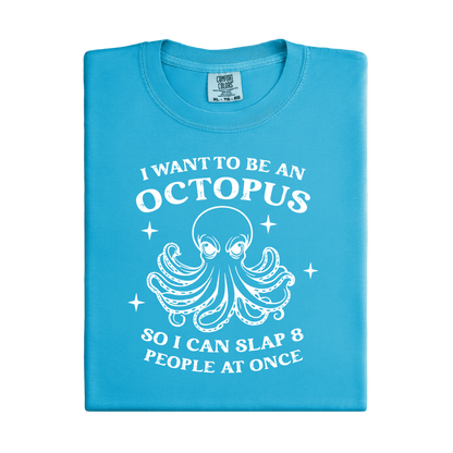 Blue Sapphire t-shirt with white octopus graphic and text on a white background