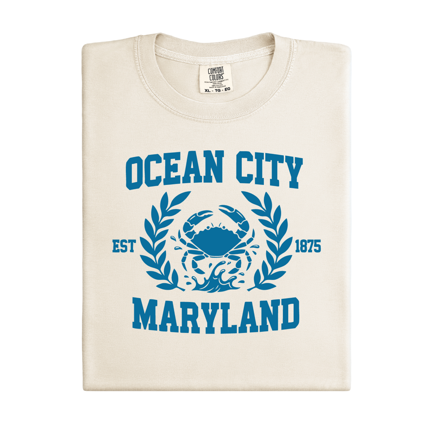 Folded t-shirt with 'Ocean City, Maryland' design on a white background