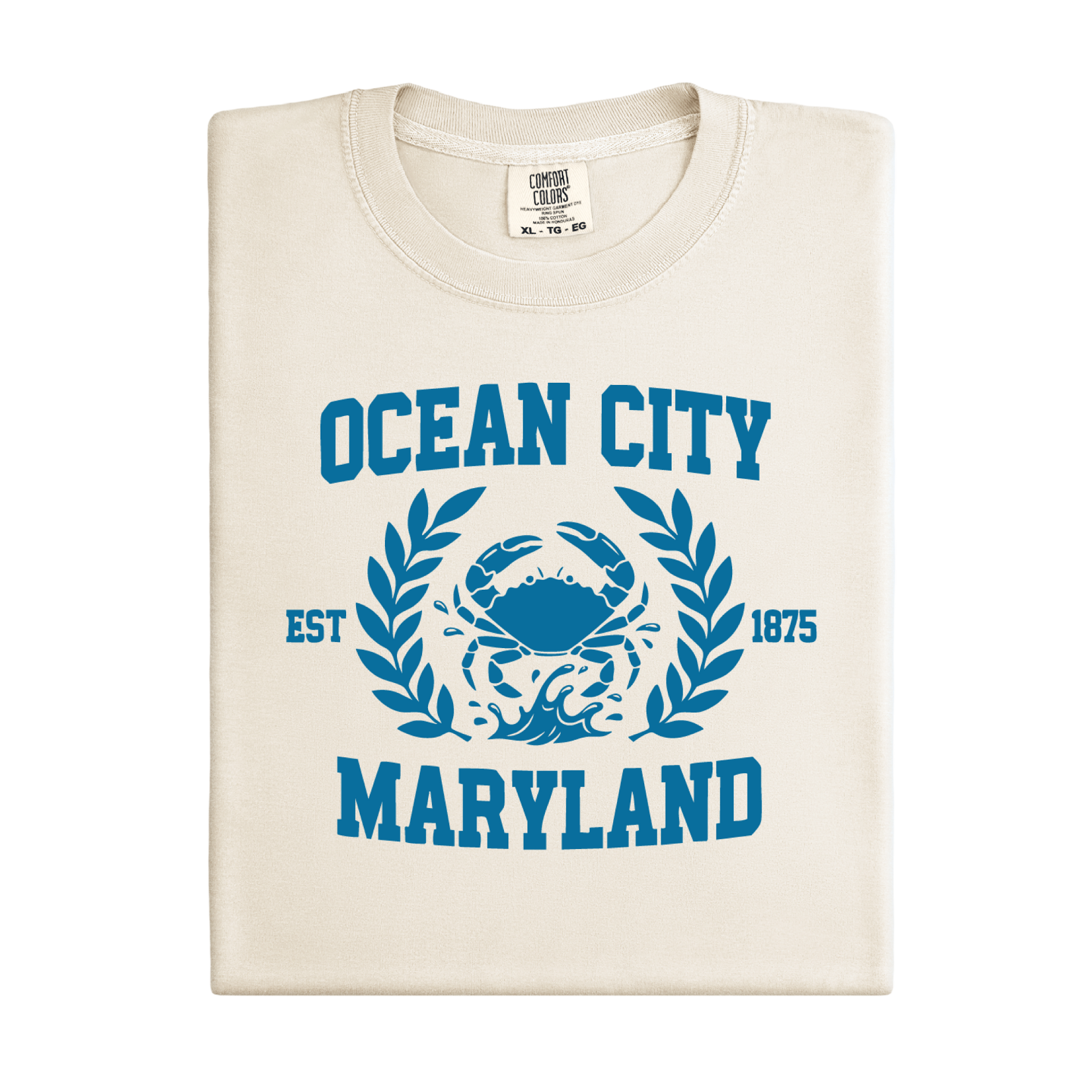 Folded t-shirt with 'Ocean City, Maryland' design on a white background