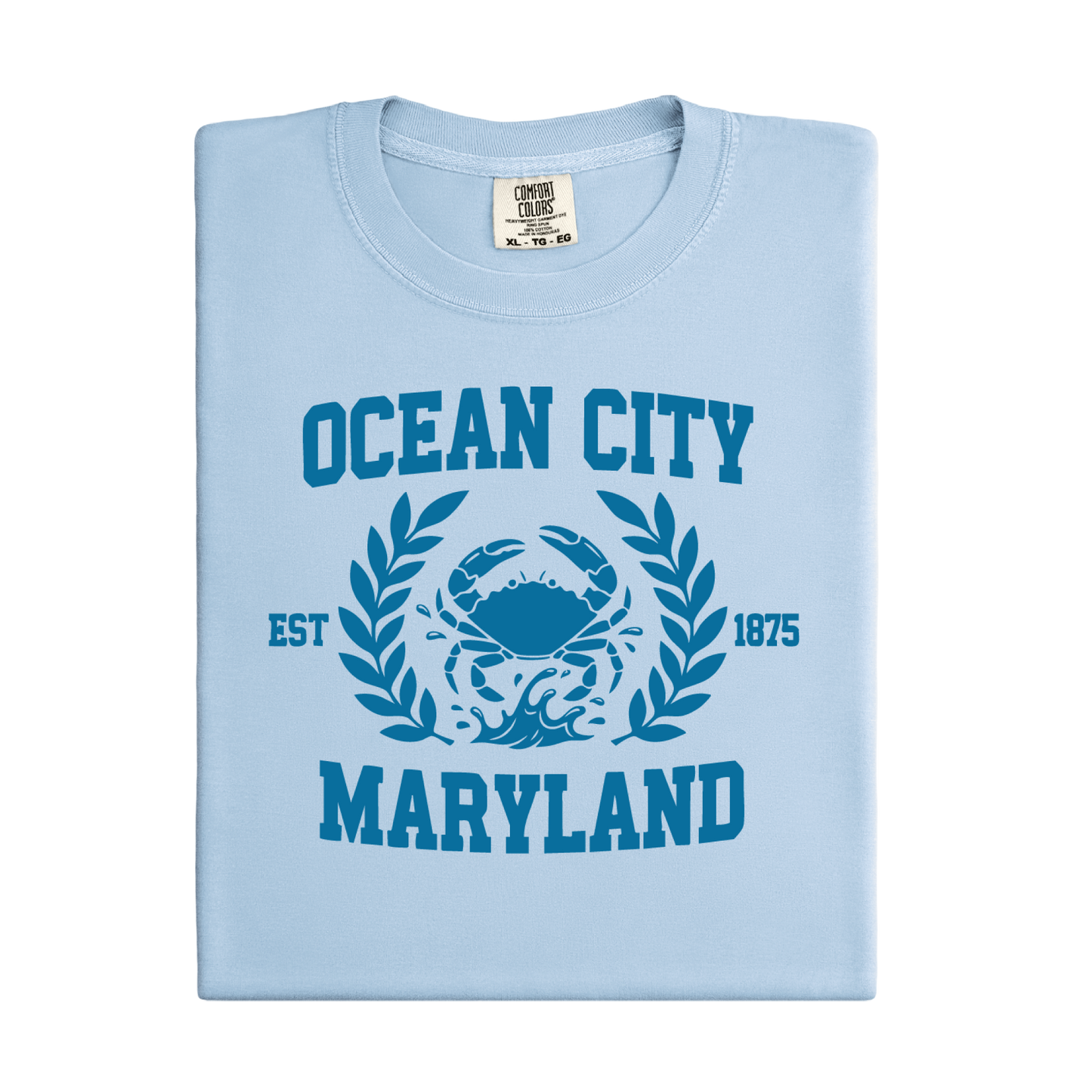 Light blue t-shirt with 'Ocean City, Maryland' design featuring a crab and laurel leaves.
