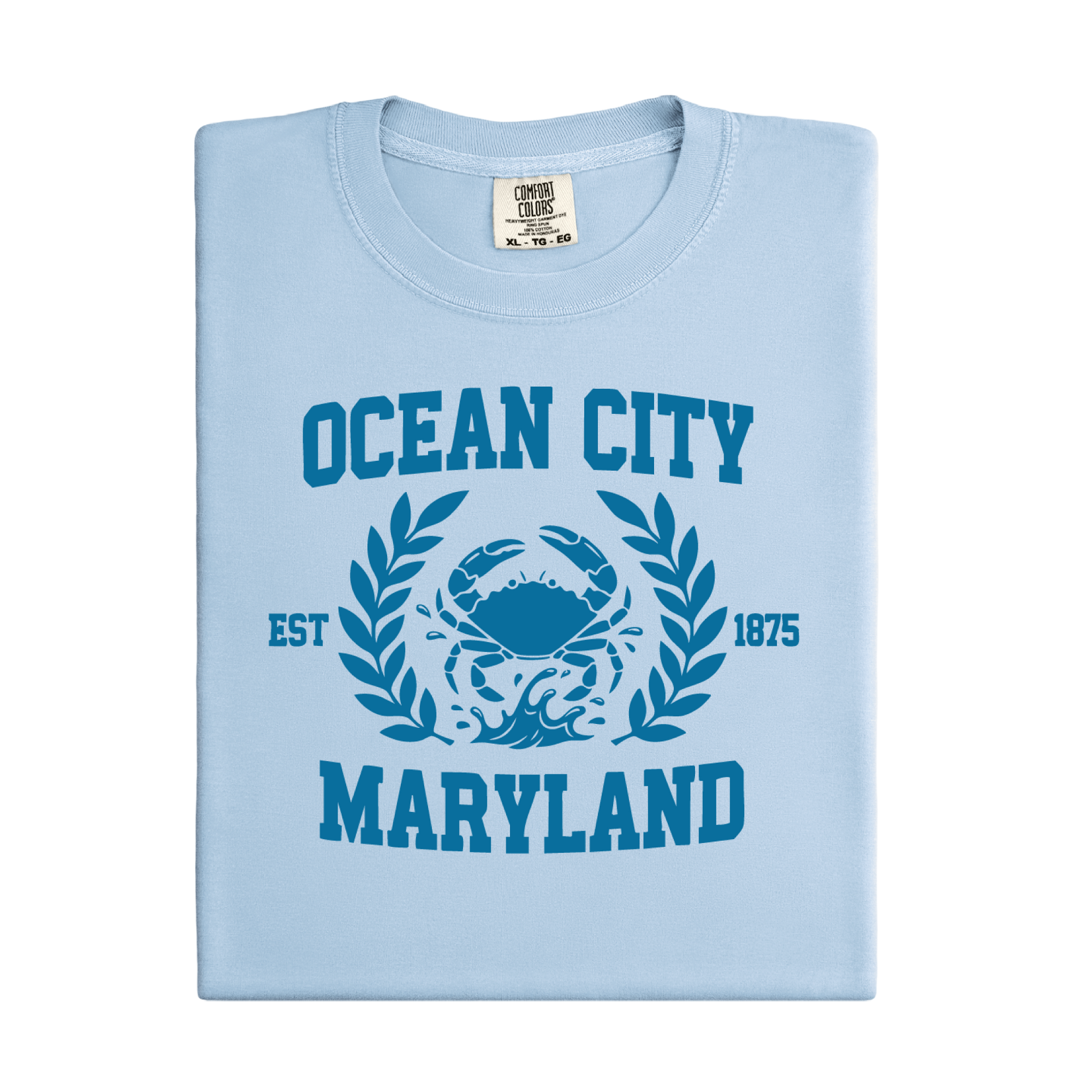 Light blue t-shirt with 'Ocean City, Maryland' design featuring a crab and laurel leaves.