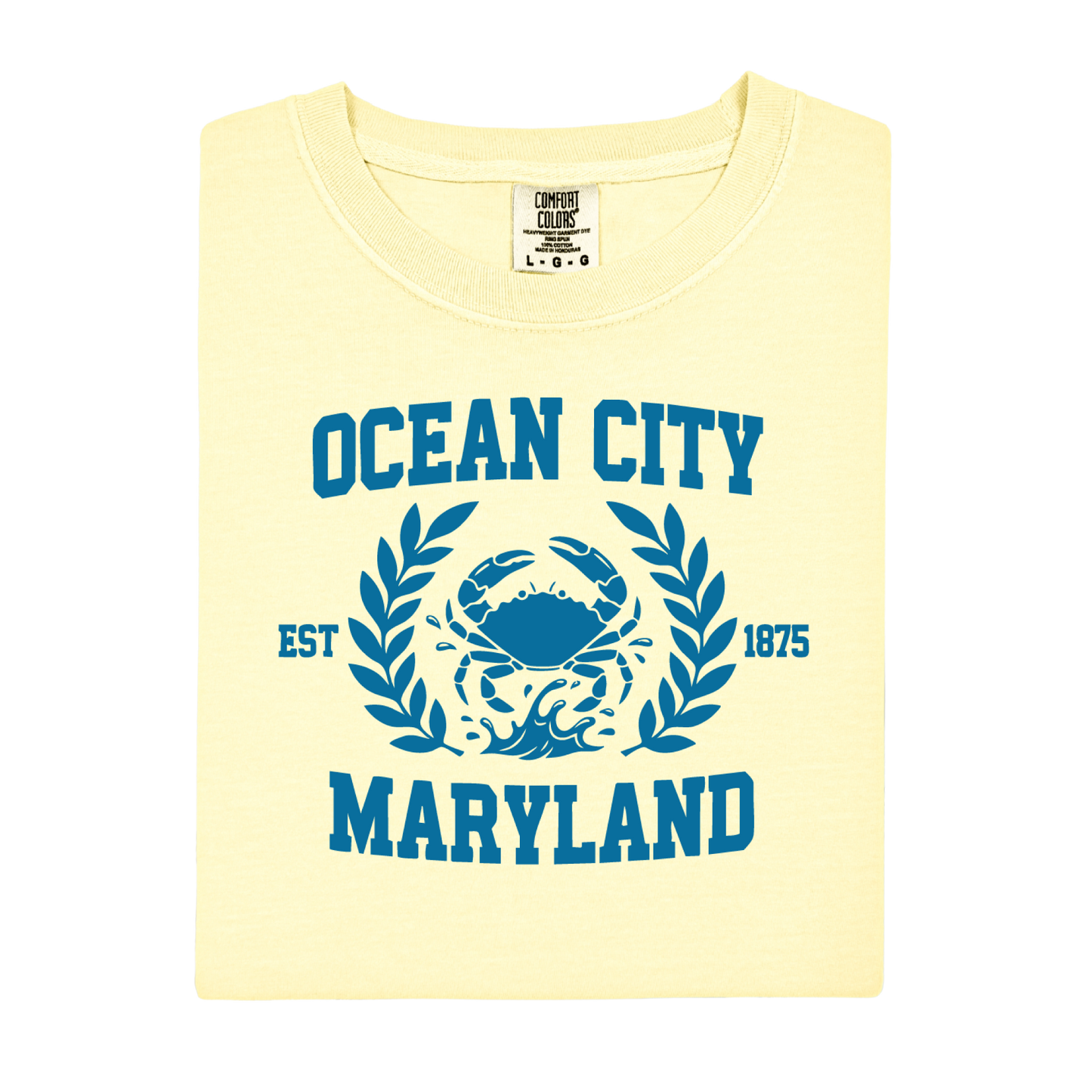 Yellow t-shirt with blue graphic and text 'Ocean City, Maryland' on a white background