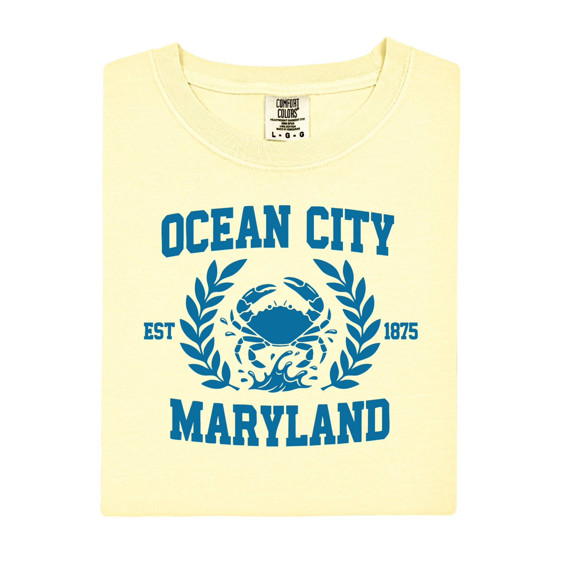 Yellow t-shirt with blue graphic and text 'Ocean City, Maryland' on a white background