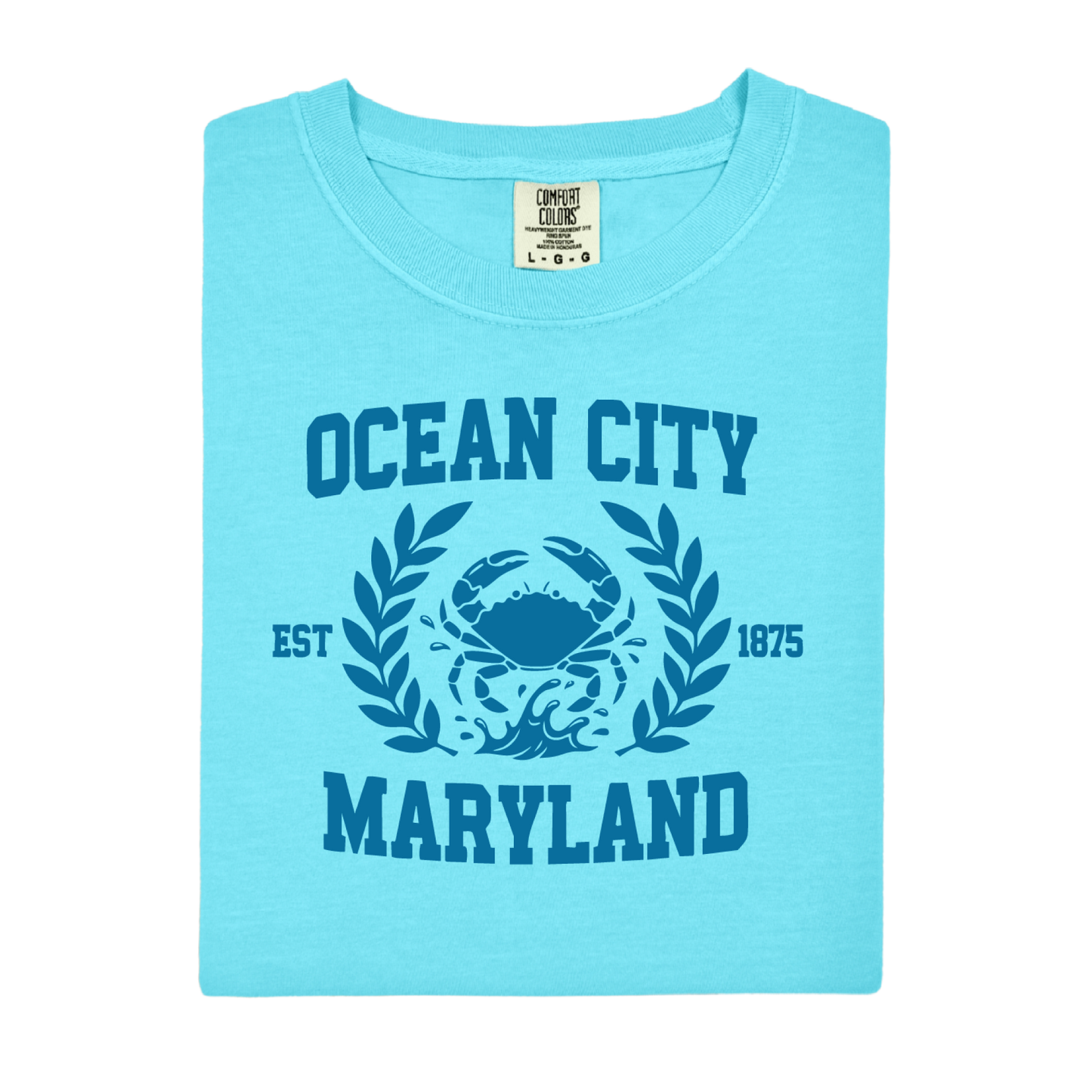 Lagoon blue t-shirt with 'Ocean City, Maryland' text and crab graphic on a white background