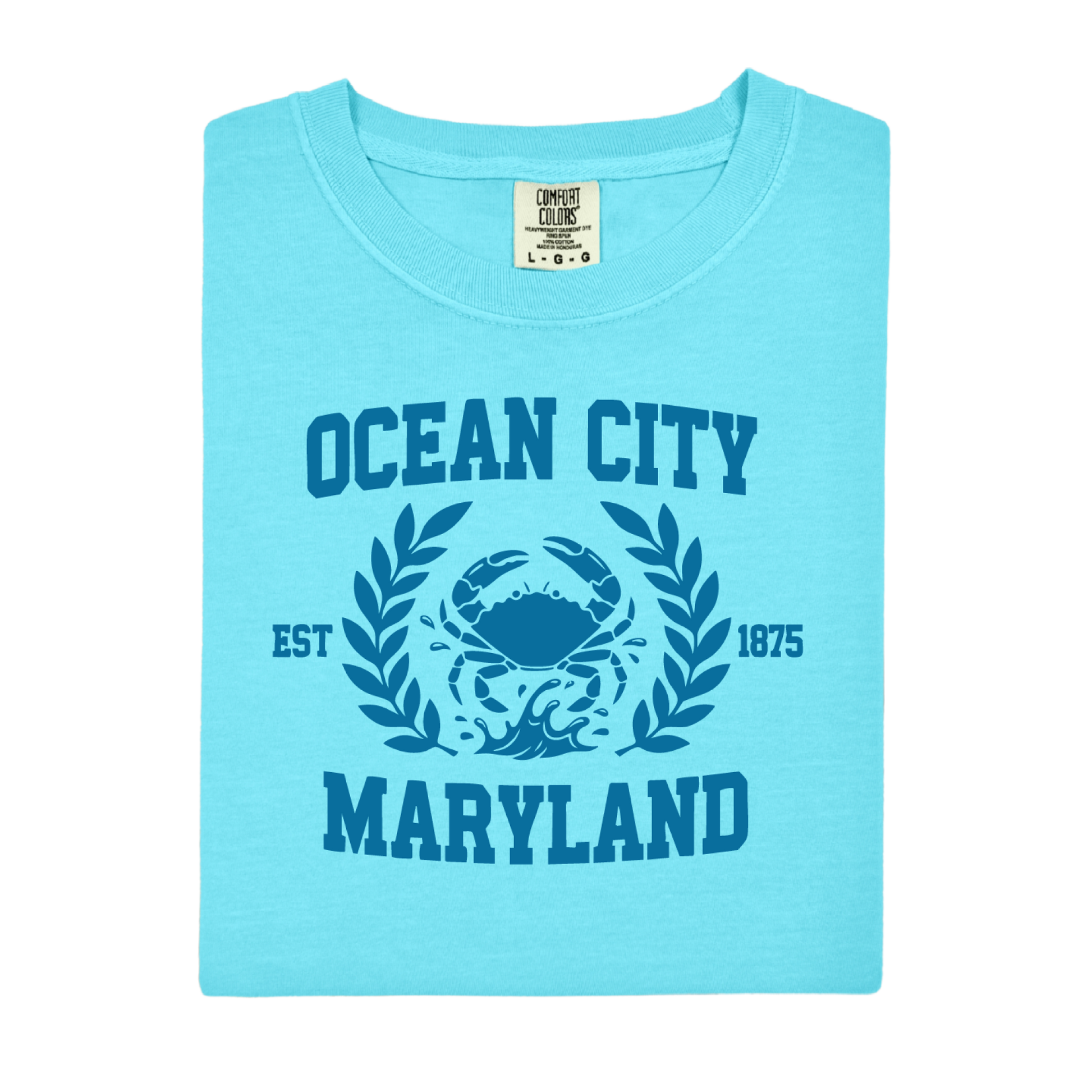 Lagoon blue t-shirt with 'Ocean City, Maryland' text and crab graphic on a white background