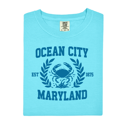 Lagoon blue t-shirt with 'Ocean City, Maryland' text and crab graphic on a white background